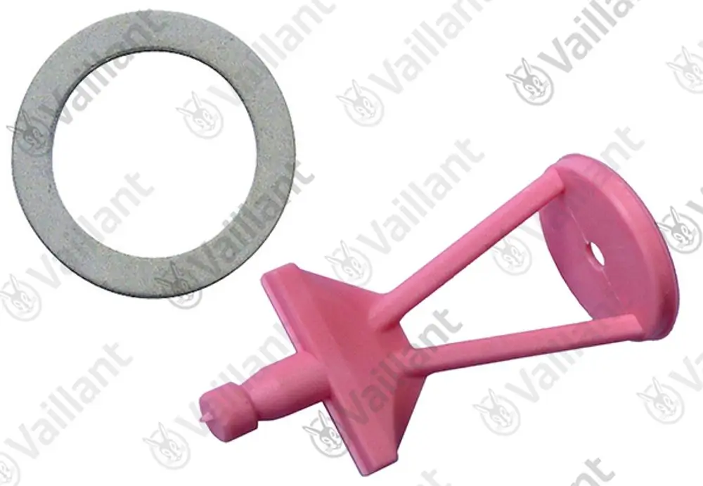 Vaillant Vordüse in hellrosa mit einer angepassten Plattengeometrie. Eine runde Dichtung aus grauem Material ist ebenfalls abgebildet.